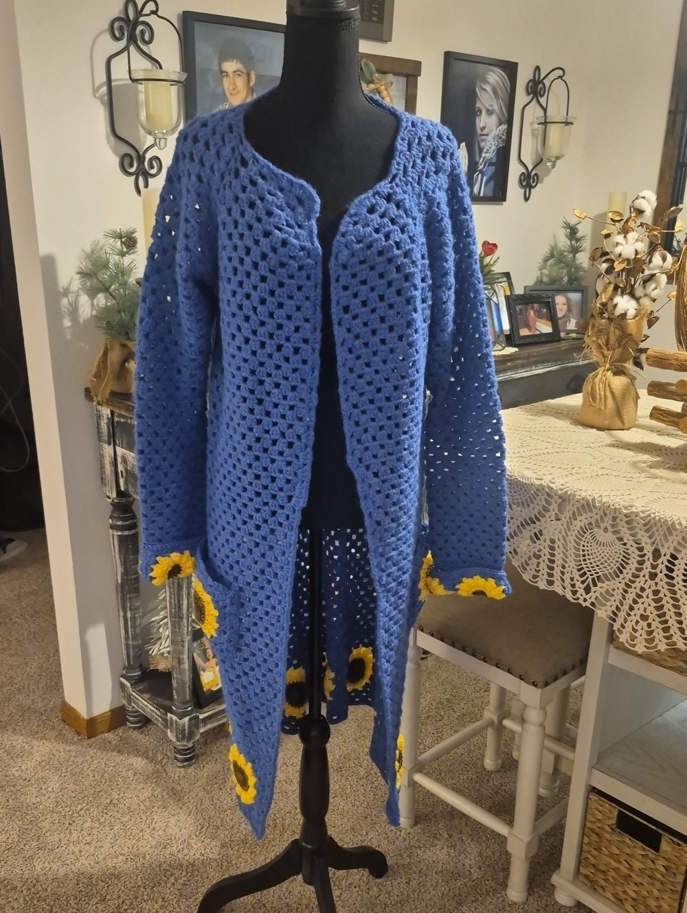 Handmade Blue Crochet Longline Cardigan with Yellow Sunflower Trim